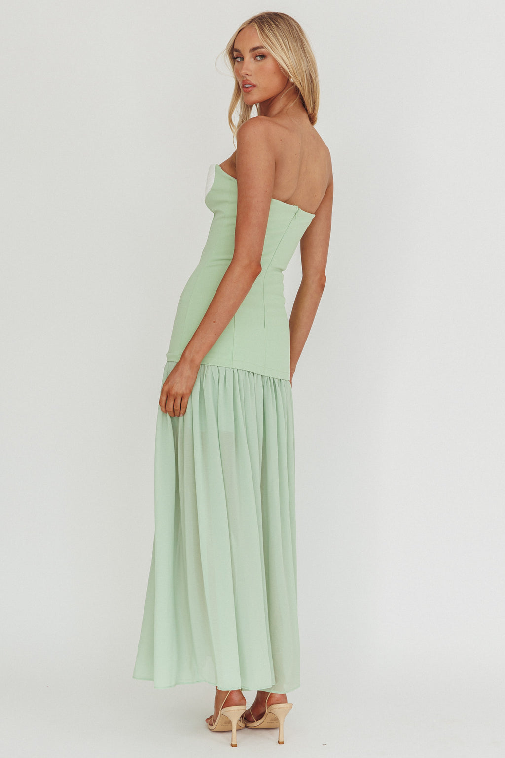 Unspoken Sweetheart Neckline Sheer Hem Maxi Dress Sage by Selfie Leslie Australia