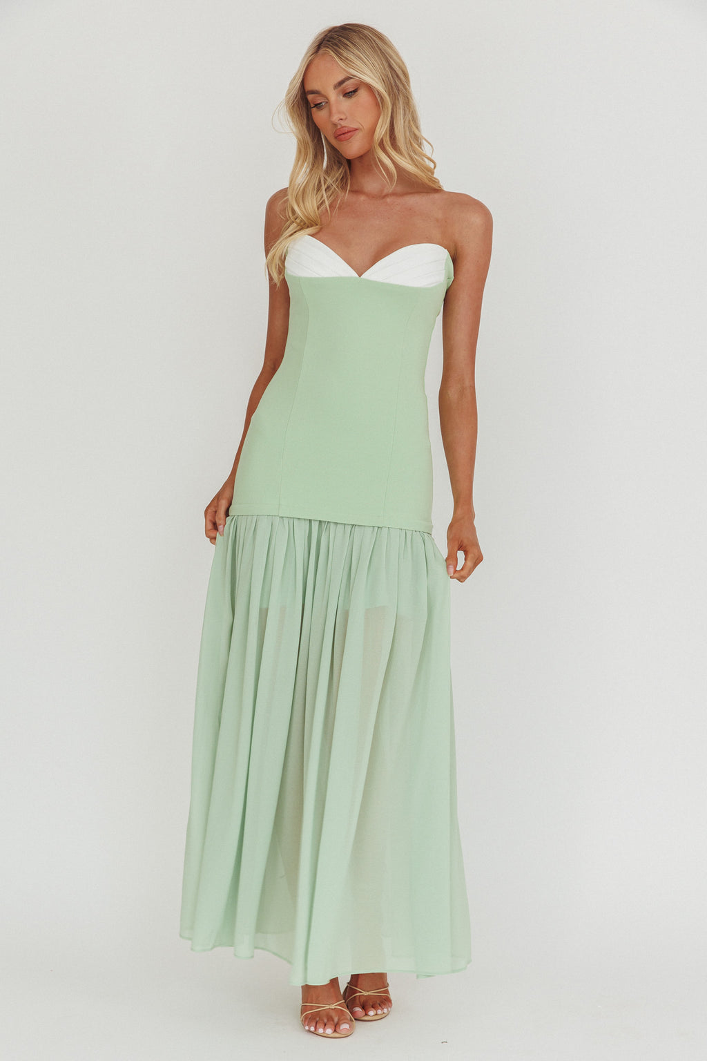 Unspoken Sweetheart Neckline Sheer Hem Maxi Dress Sage by Selfie Leslie Australia