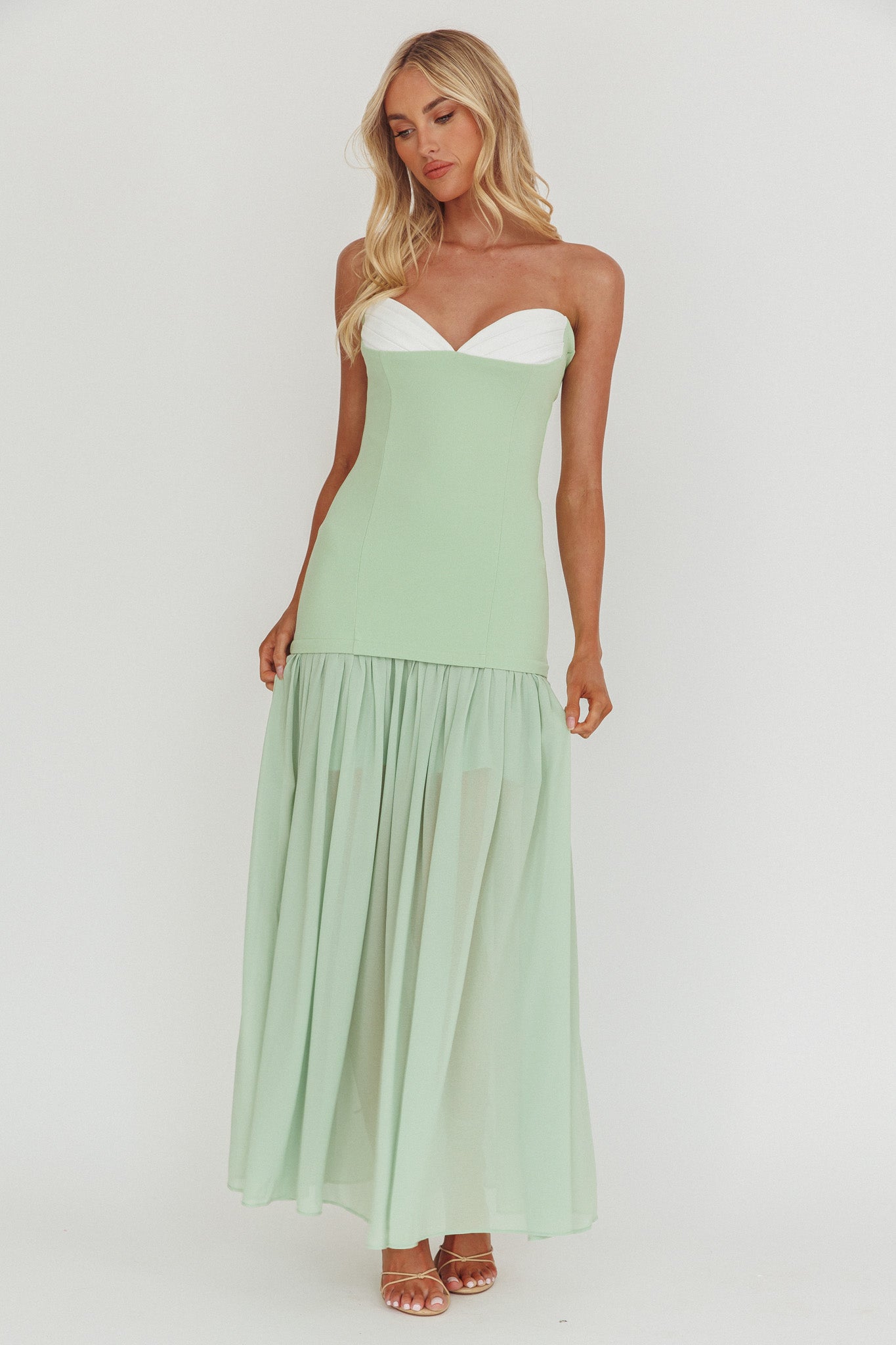 Unspoken Sweetheart Neckline Sheer Hem Maxi Dress Sage by Selfie Leslie Australia