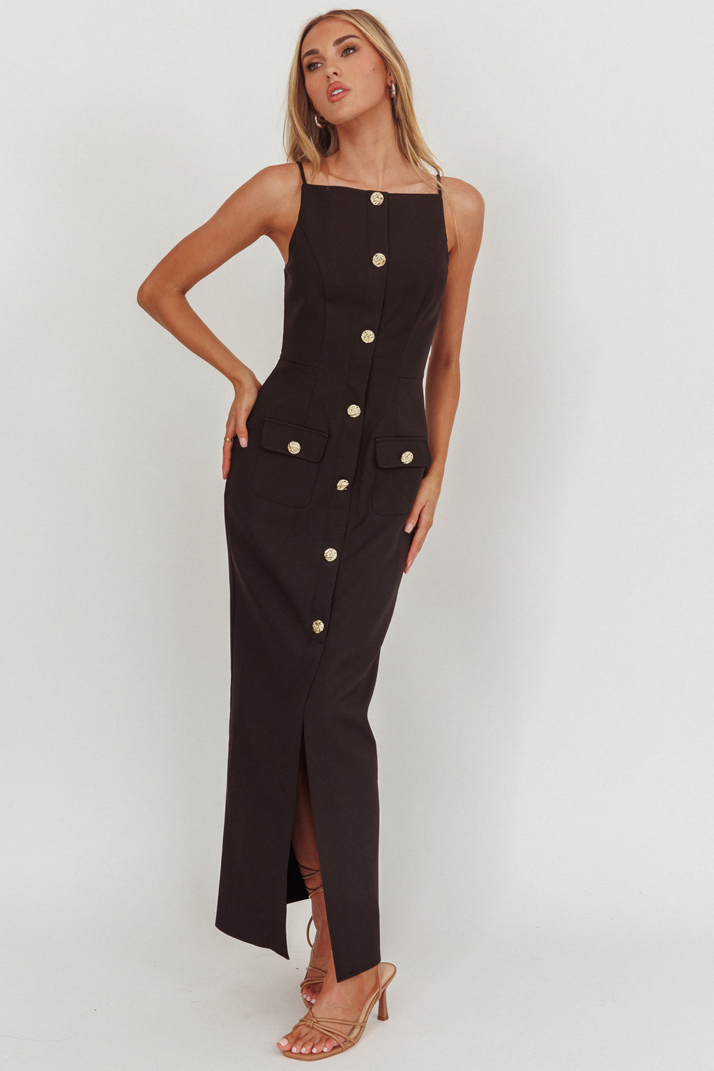 Harlin Button Decoration Maxi Dress Black by Selfie Leslie Australia