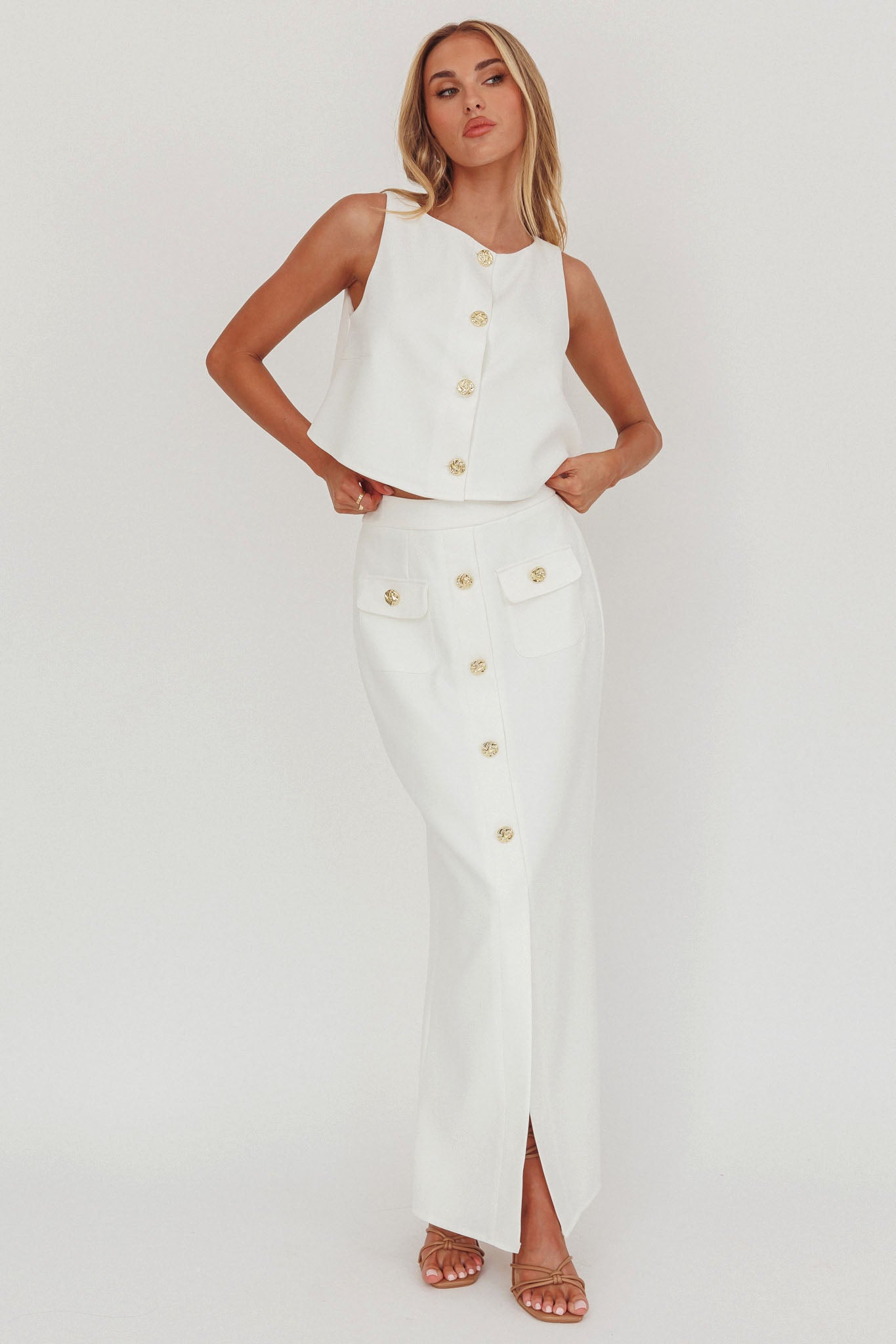 Bondi Sunset Faux Button Placket Maxi Skirt White by Selfie Leslie Australia