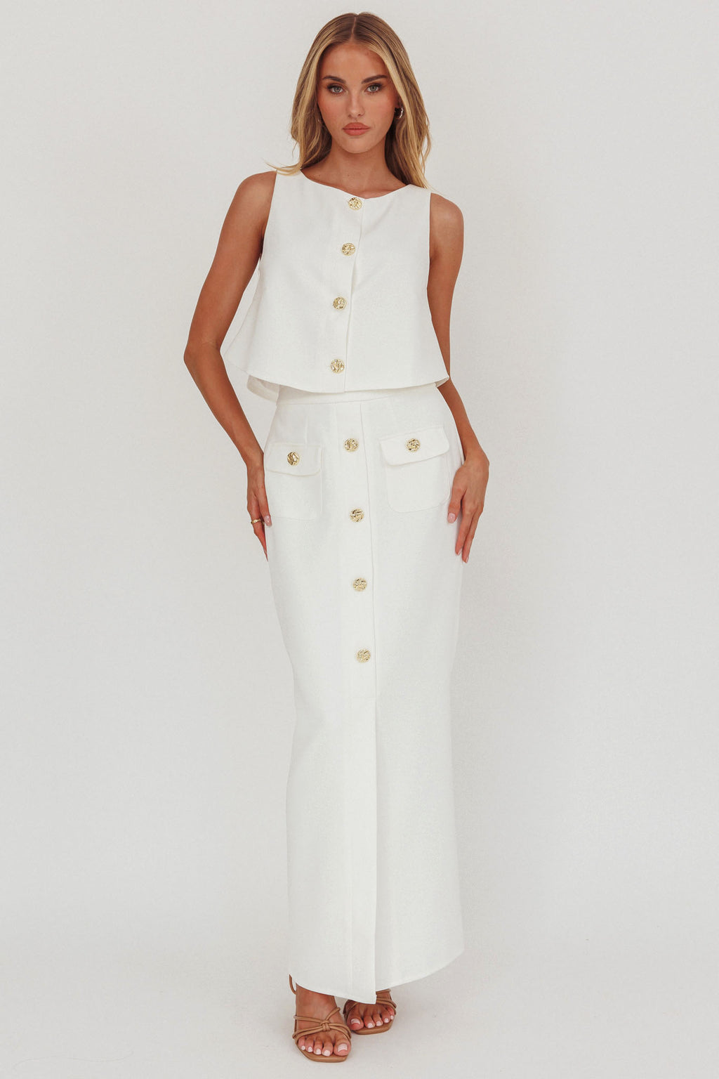 Bondi Sunset Faux Button Placket Maxi Skirt White by Selfie Leslie Australia