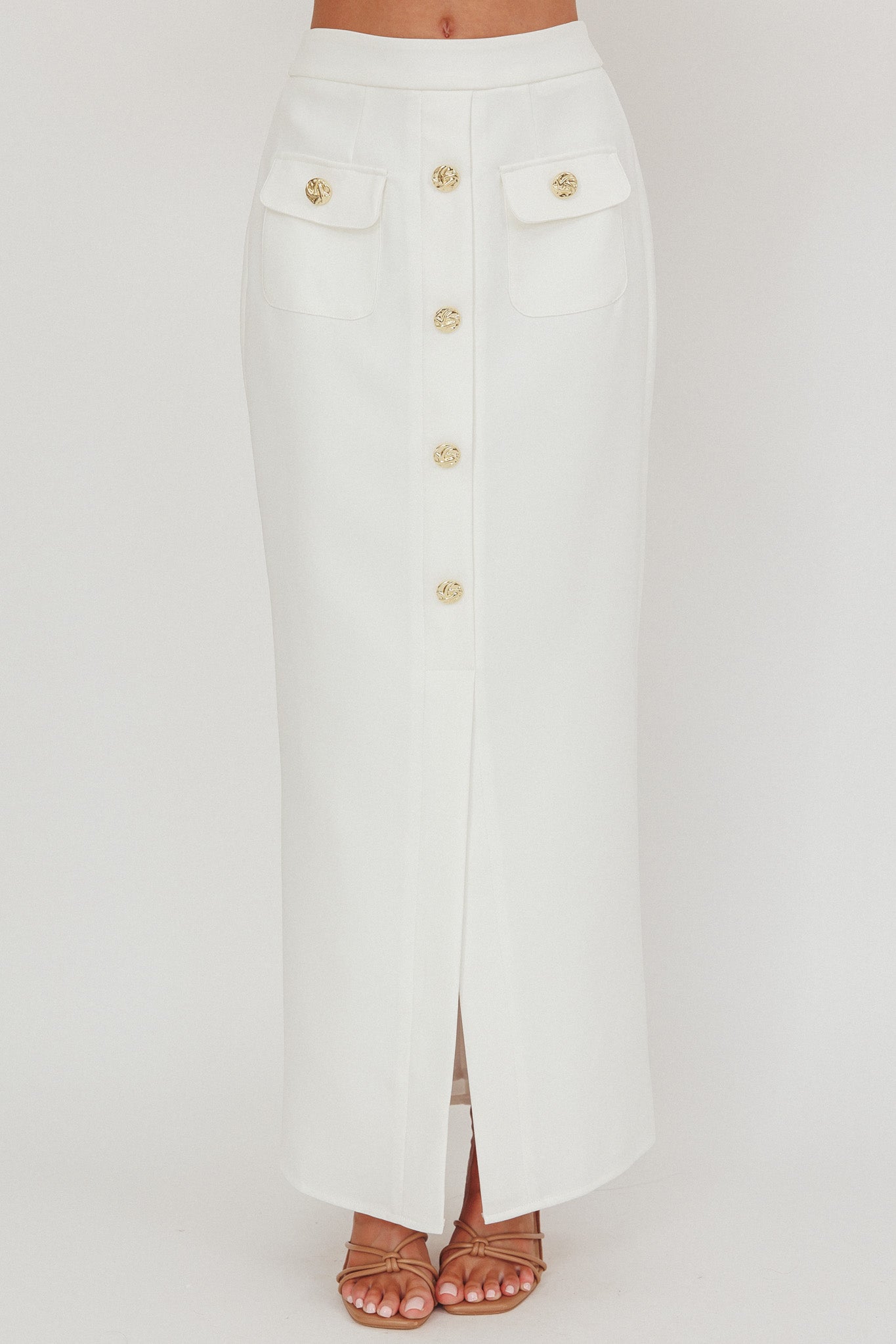 Bondi Sunset Faux Button Placket Maxi Skirt White by Selfie Leslie Australia