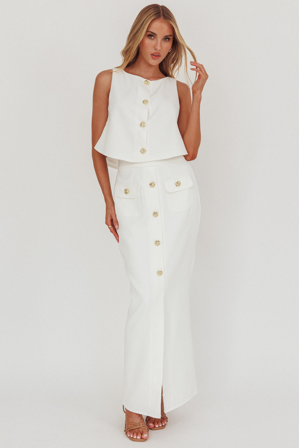 Bondi Sunset Faux Button Placket Maxi Skirt White by Selfie Leslie Australia
