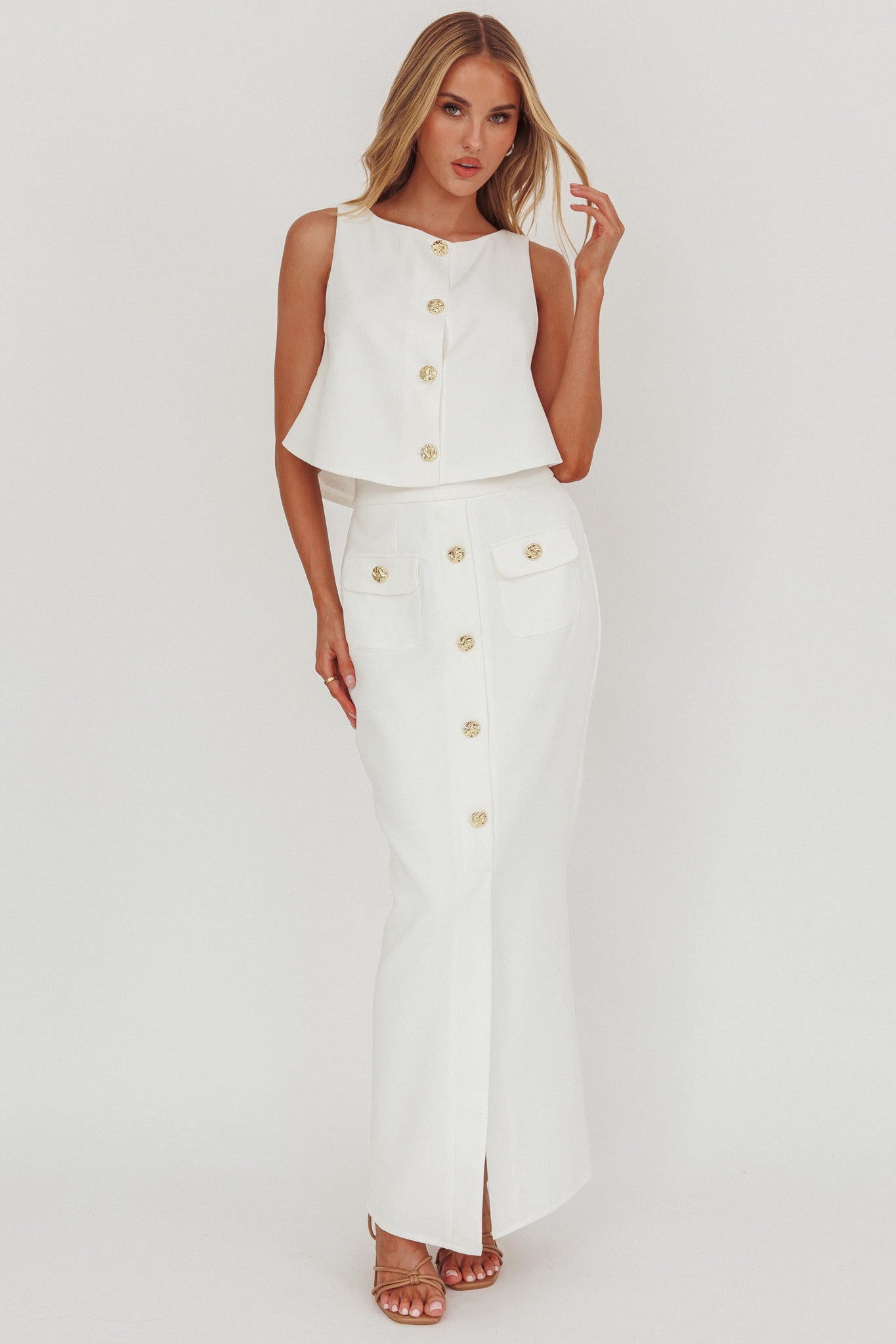 Bondi Sunset Faux Button Placket Maxi Skirt White by Selfie Leslie Australia