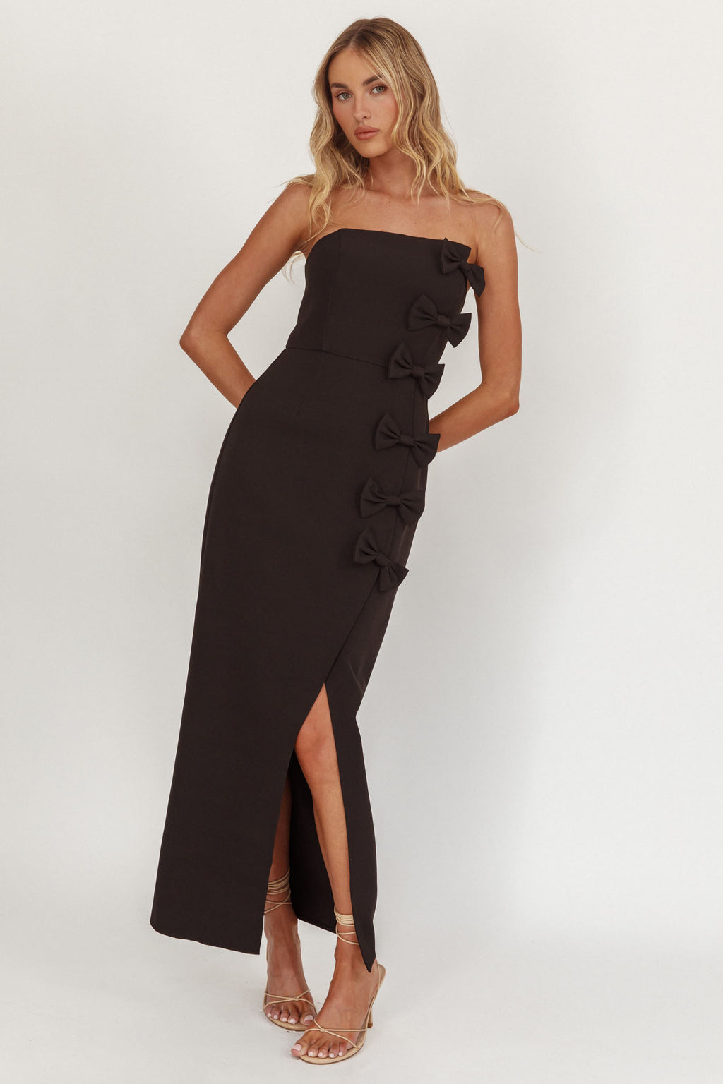 Samanntha Strapless Bow Detail Midi Dress Black by Selfie Leslie Australia