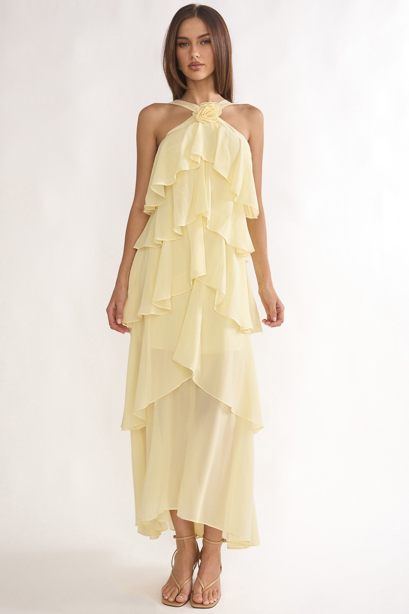 Darylyn Tiered Ruffle Rosette Maxi Dress Yellow by Selfie Leslie Australia