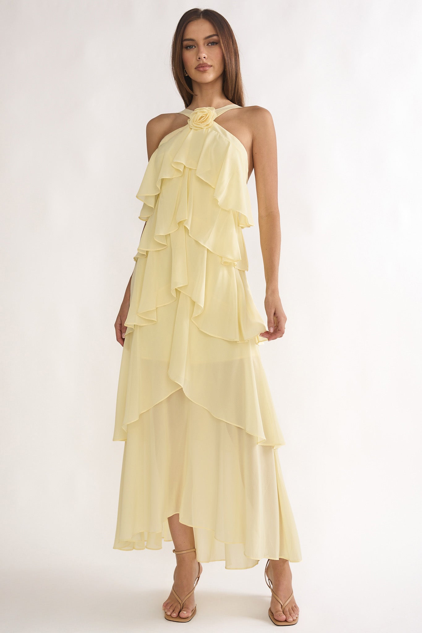 Darylyn Tiered Ruffle Rosette Maxi Dress Yellow by Selfie Leslie Australia