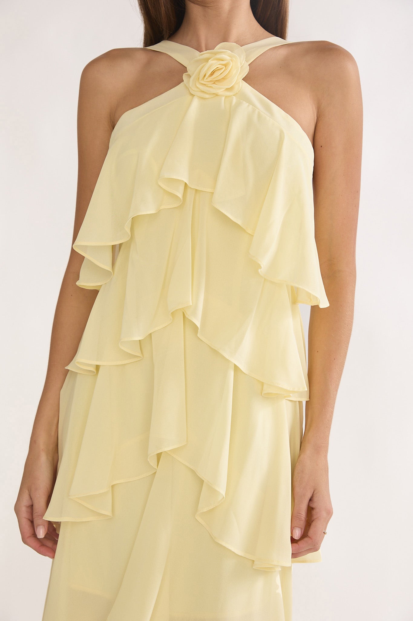 Darylyn Tiered Ruffle Rosette Maxi Dress Yellow by Selfie Leslie Australia