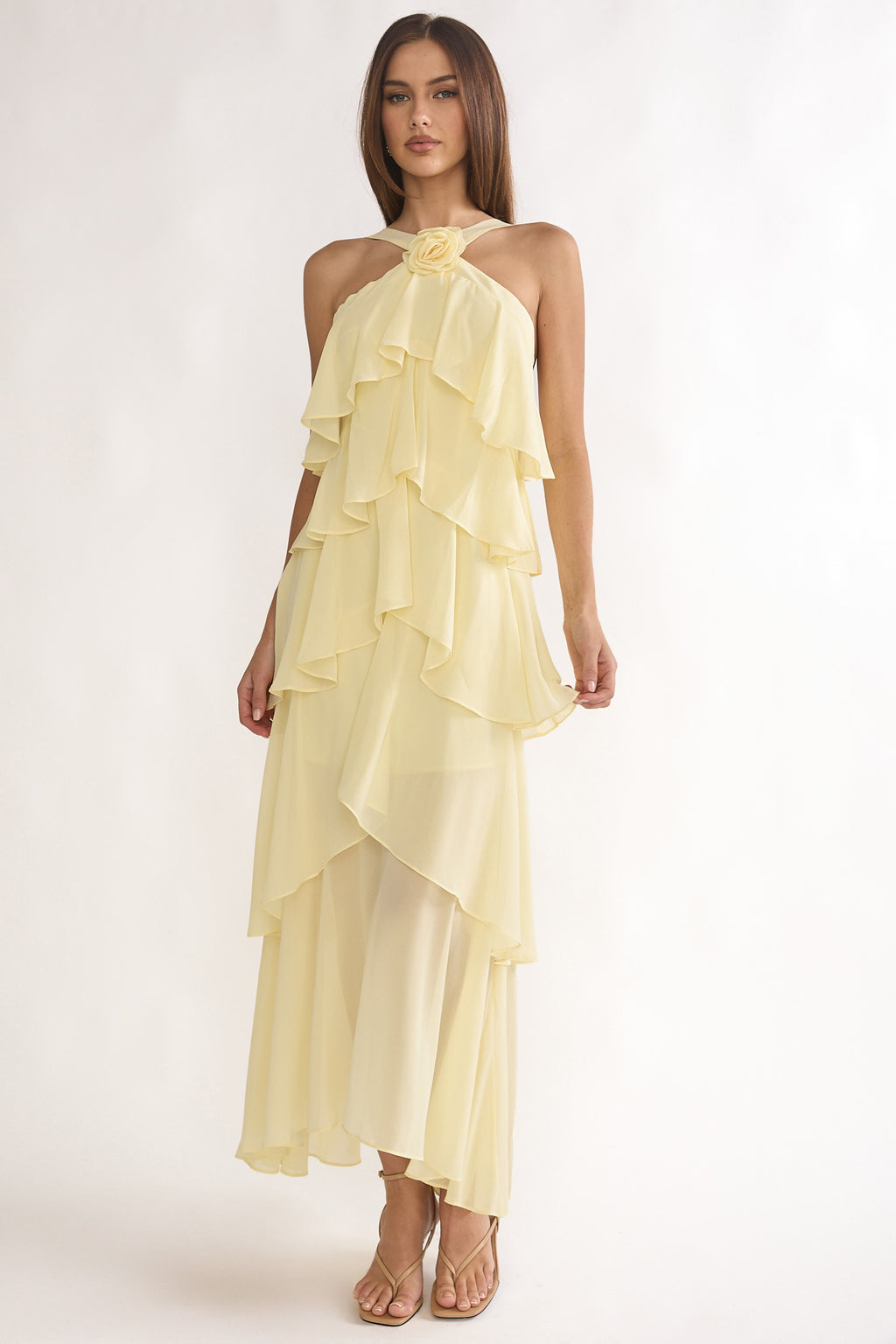 Darylyn Tiered Ruffle Rosette Maxi Dress Yellow by Selfie Leslie Australia