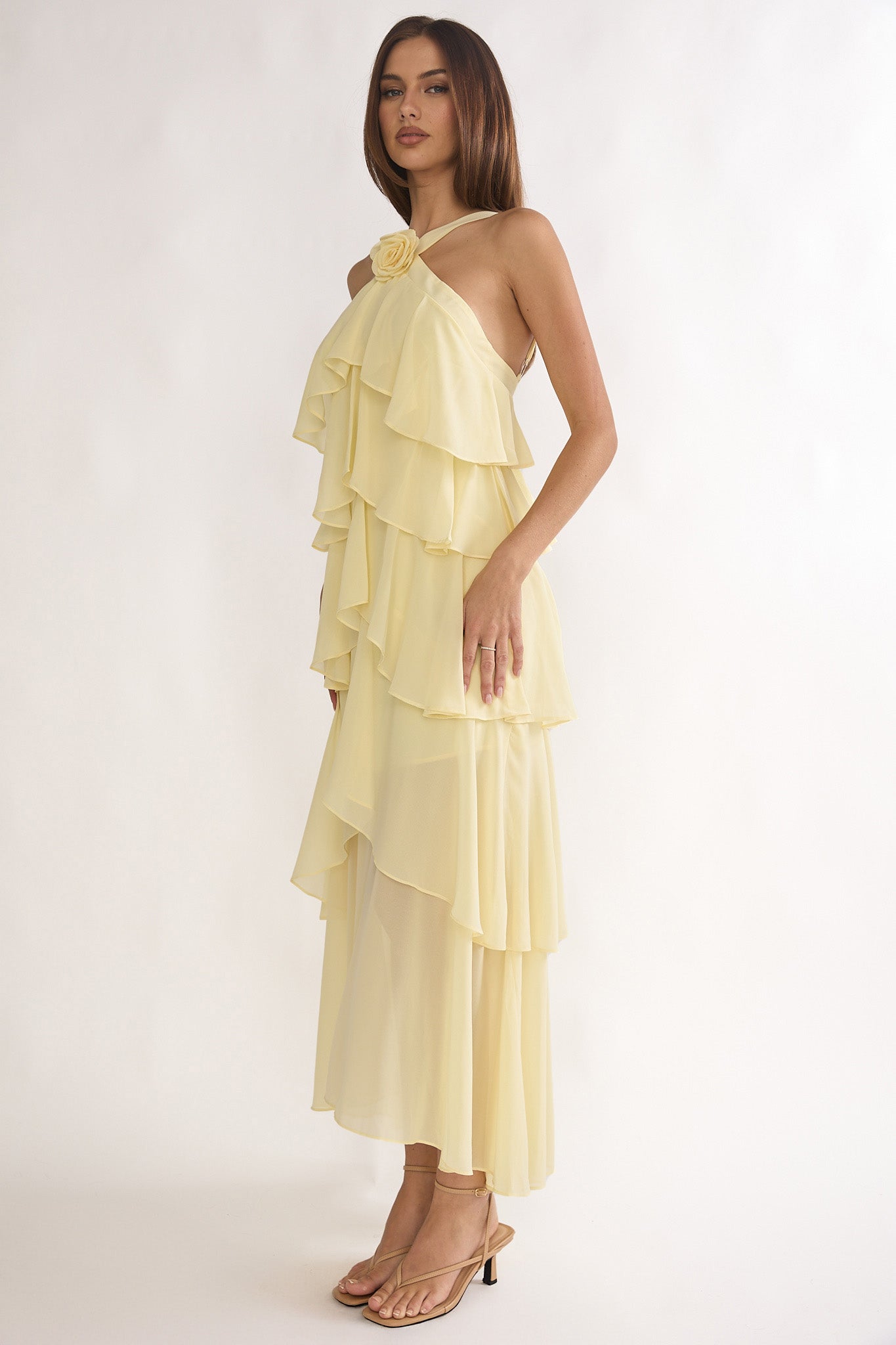 Darylyn Tiered Ruffle Rosette Maxi Dress Yellow by Selfie Leslie Australia