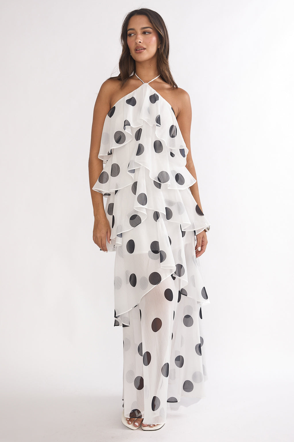 Darylyn Tiered Ruffle Maxi Dress Polka Dot White by Selfie Leslie Australia