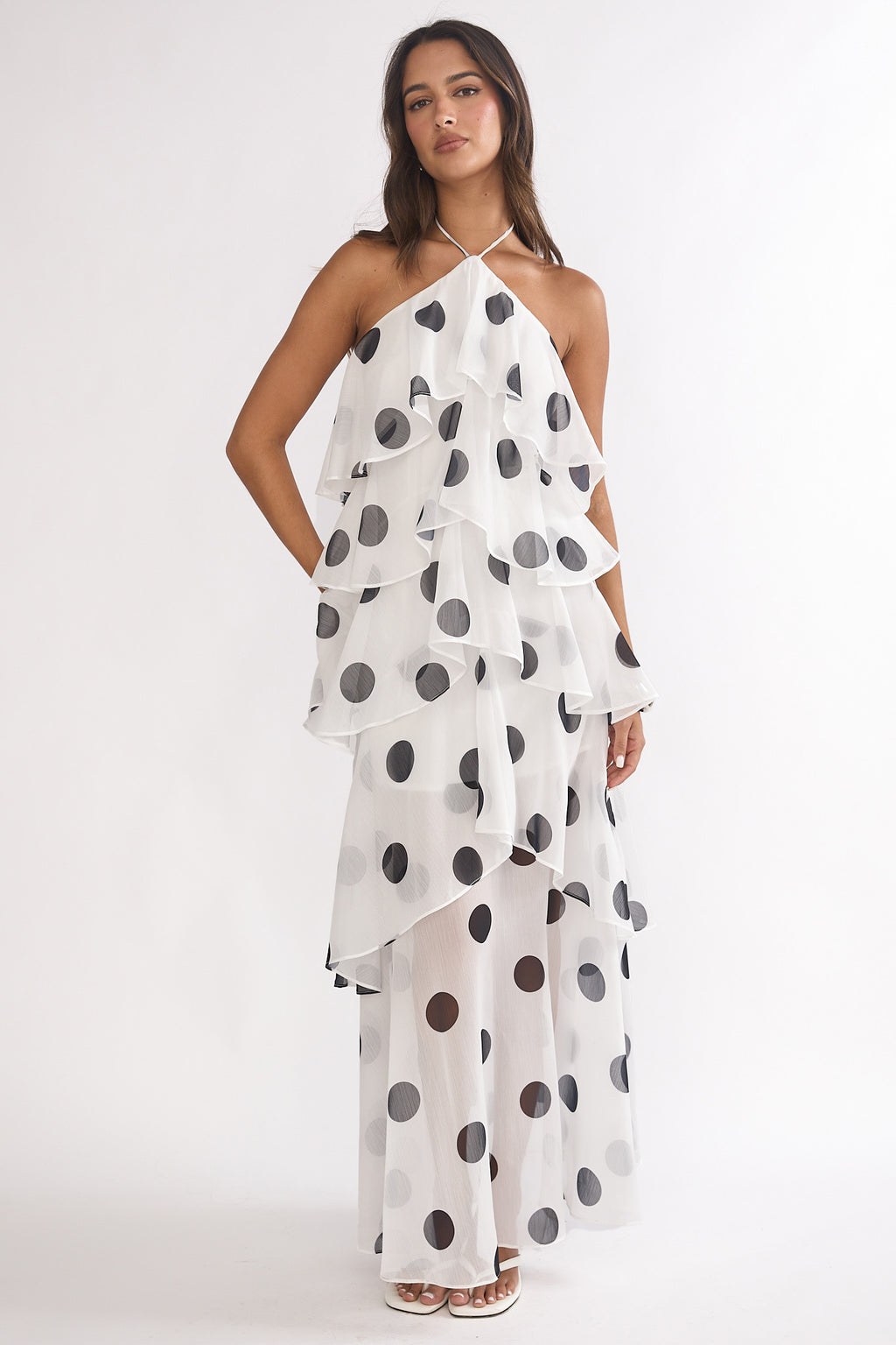Darylyn Tiered Ruffle Maxi Dress Polka Dot White by Selfie Leslie Australia