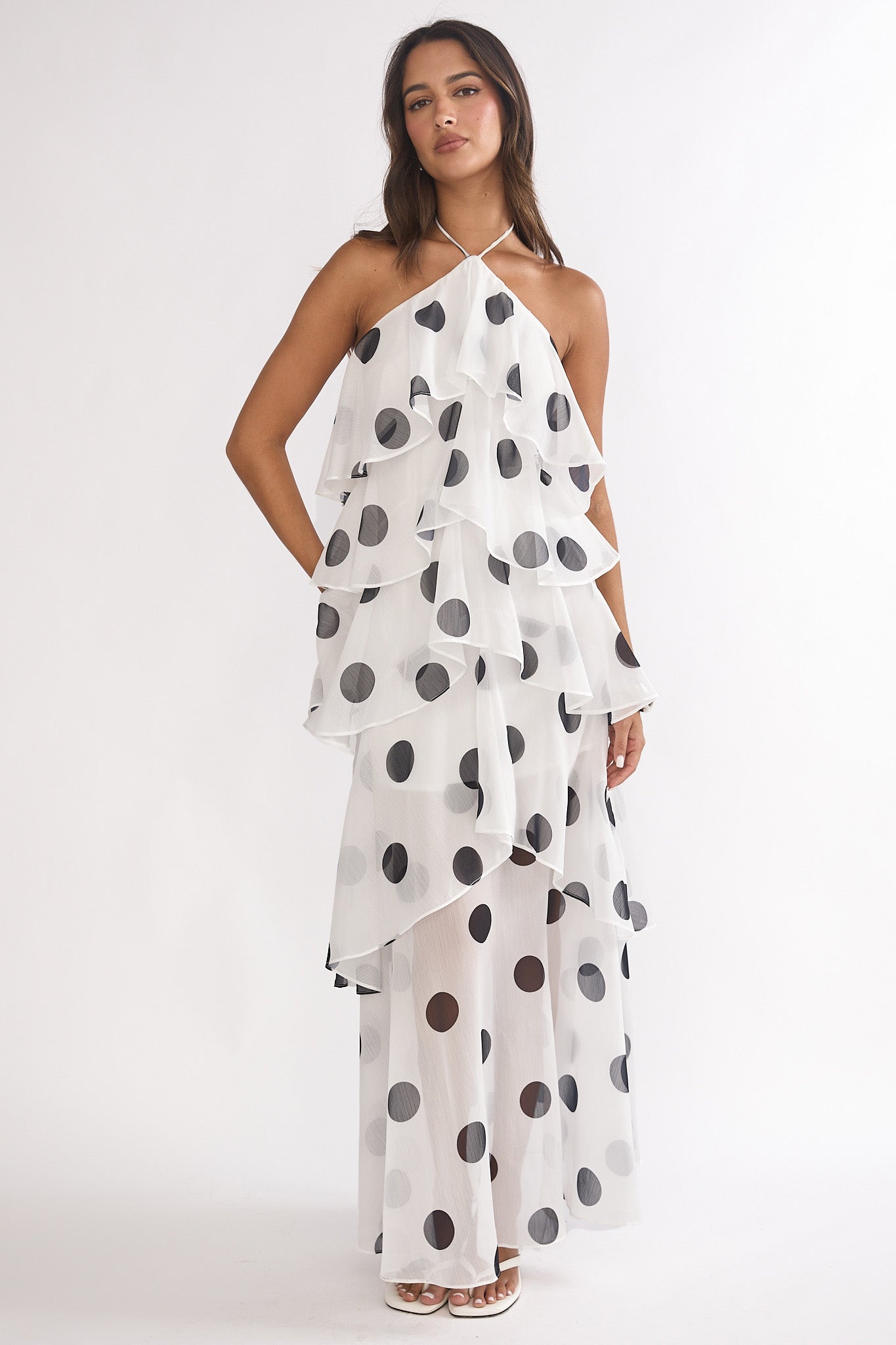 Darylyn Tiered Ruffle Maxi Dress Polka Dot White by Selfie Leslie Australia