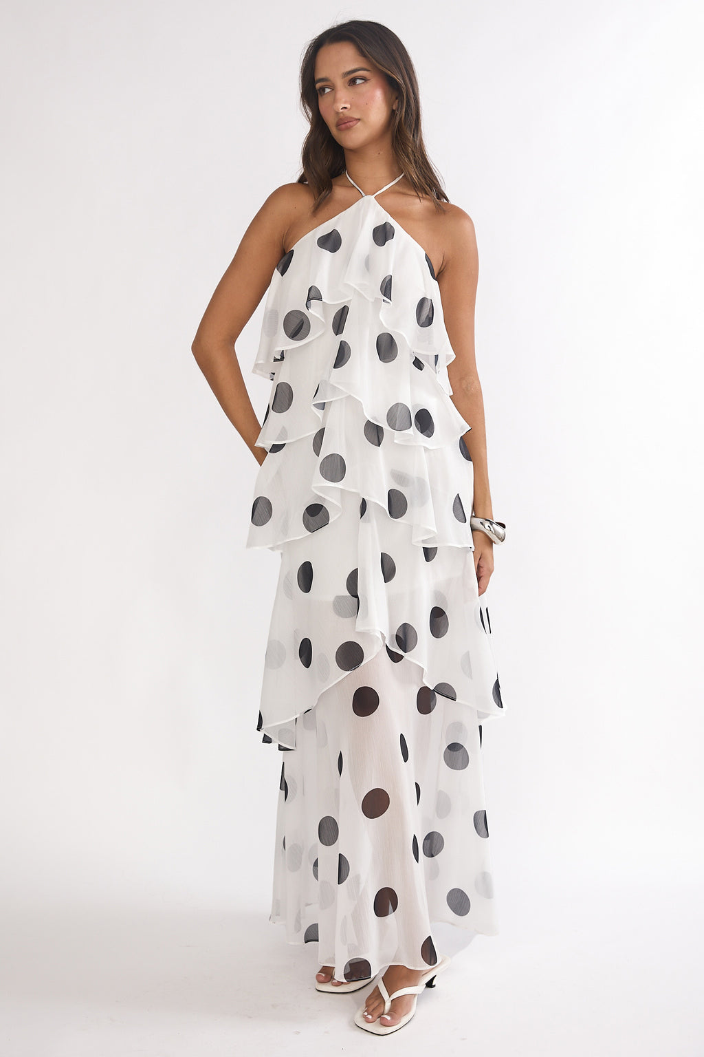 Darylyn Tiered Ruffle Maxi Dress Polka Dot White by Selfie Leslie Australia