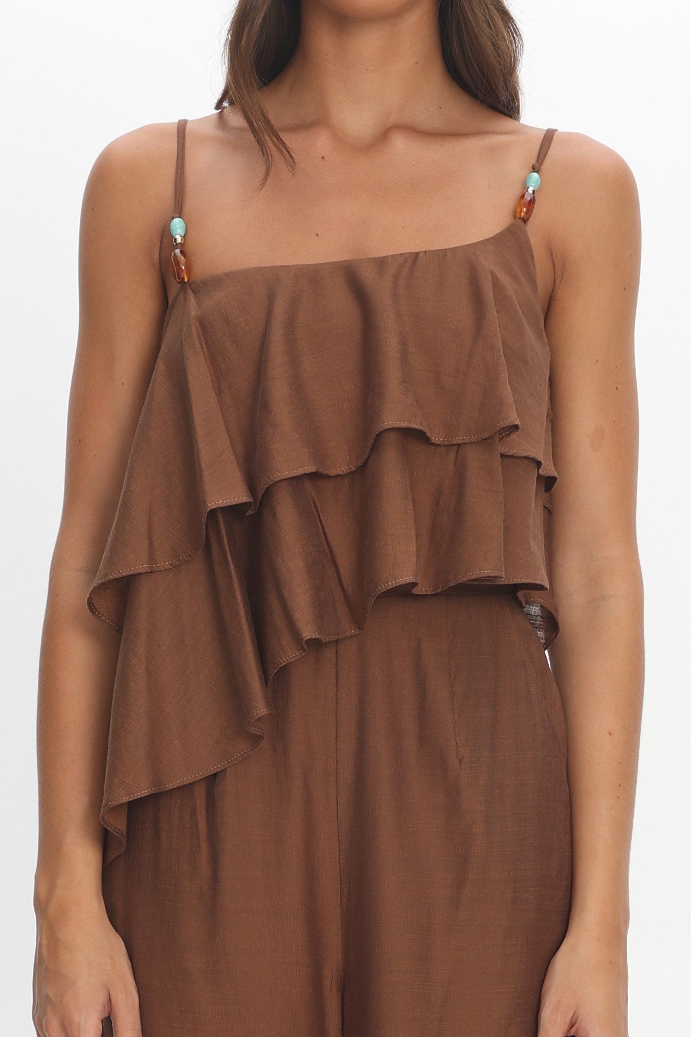 Darylyn Asymmetric Ruffle Jumpsuit Chocolate by Selfie Leslie Australia
