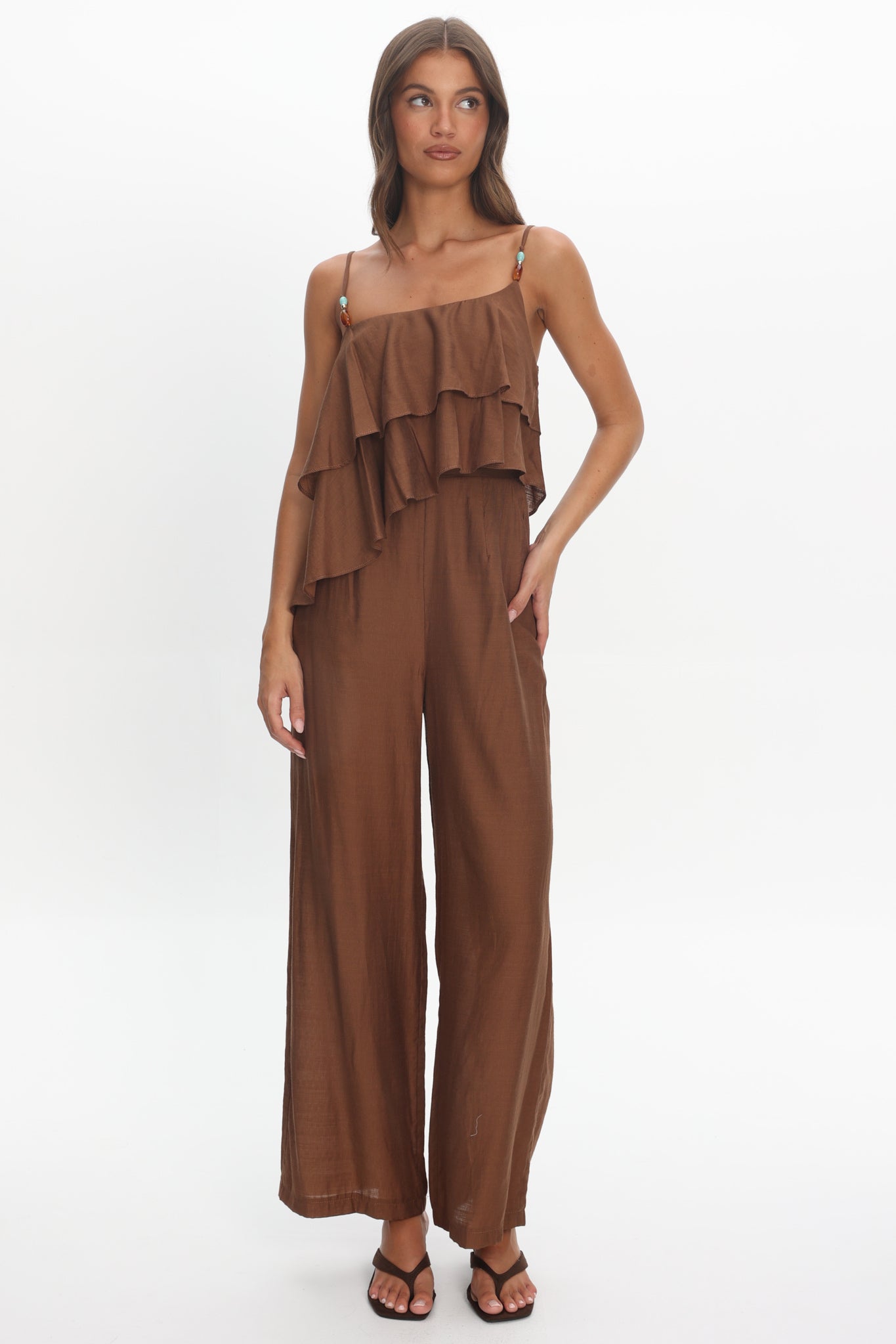 Darylyn Asymmetric Ruffle Jumpsuit Chocolate by Selfie Leslie Australia
