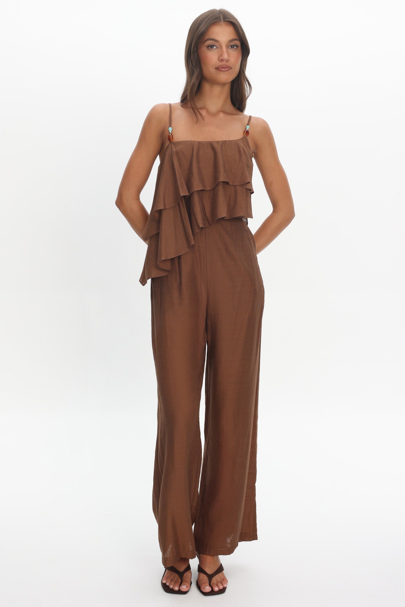 Darylyn Asymmetric Ruffle Jumpsuit Chocolate by Selfie Leslie Australia