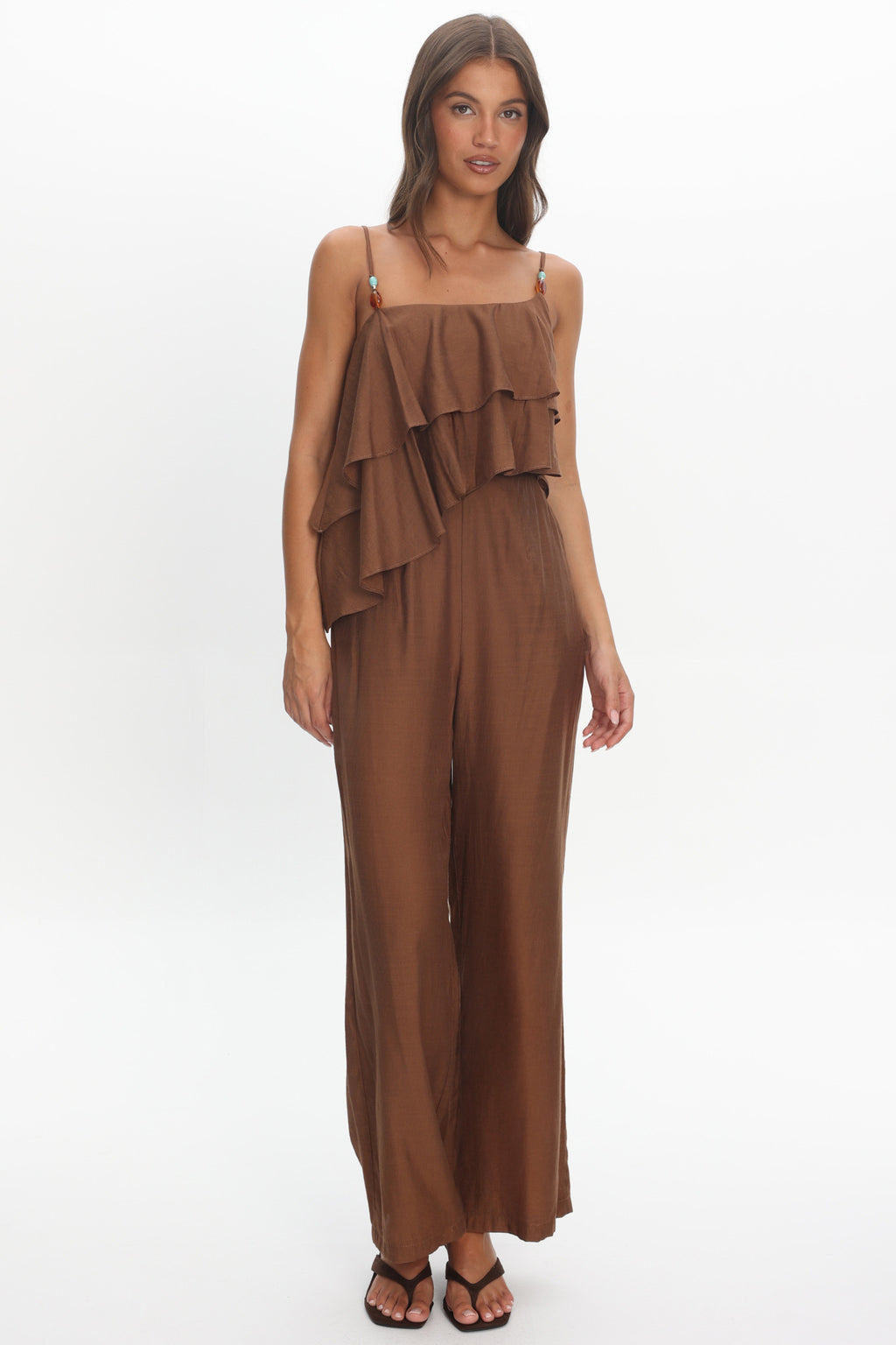 Darylyn Asymmetric Ruffle Jumpsuit Chocolate by Selfie Leslie Australia