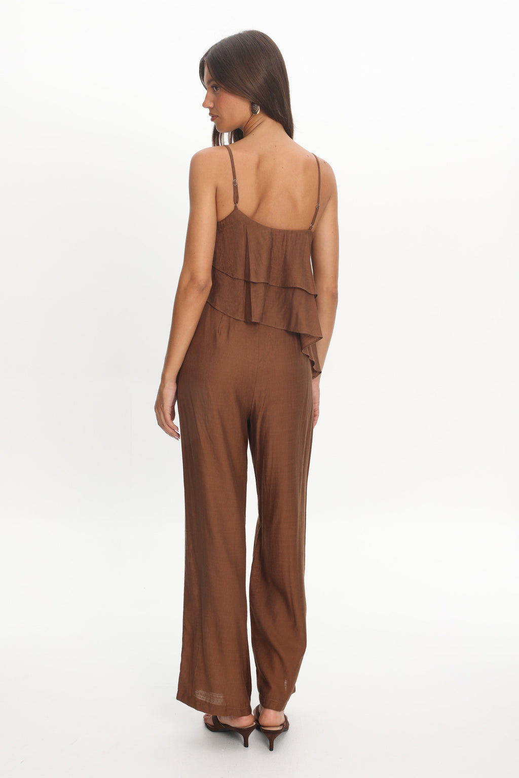 Darylyn Asymmetric Ruffle Jumpsuit Chocolate by Selfie Leslie Australia