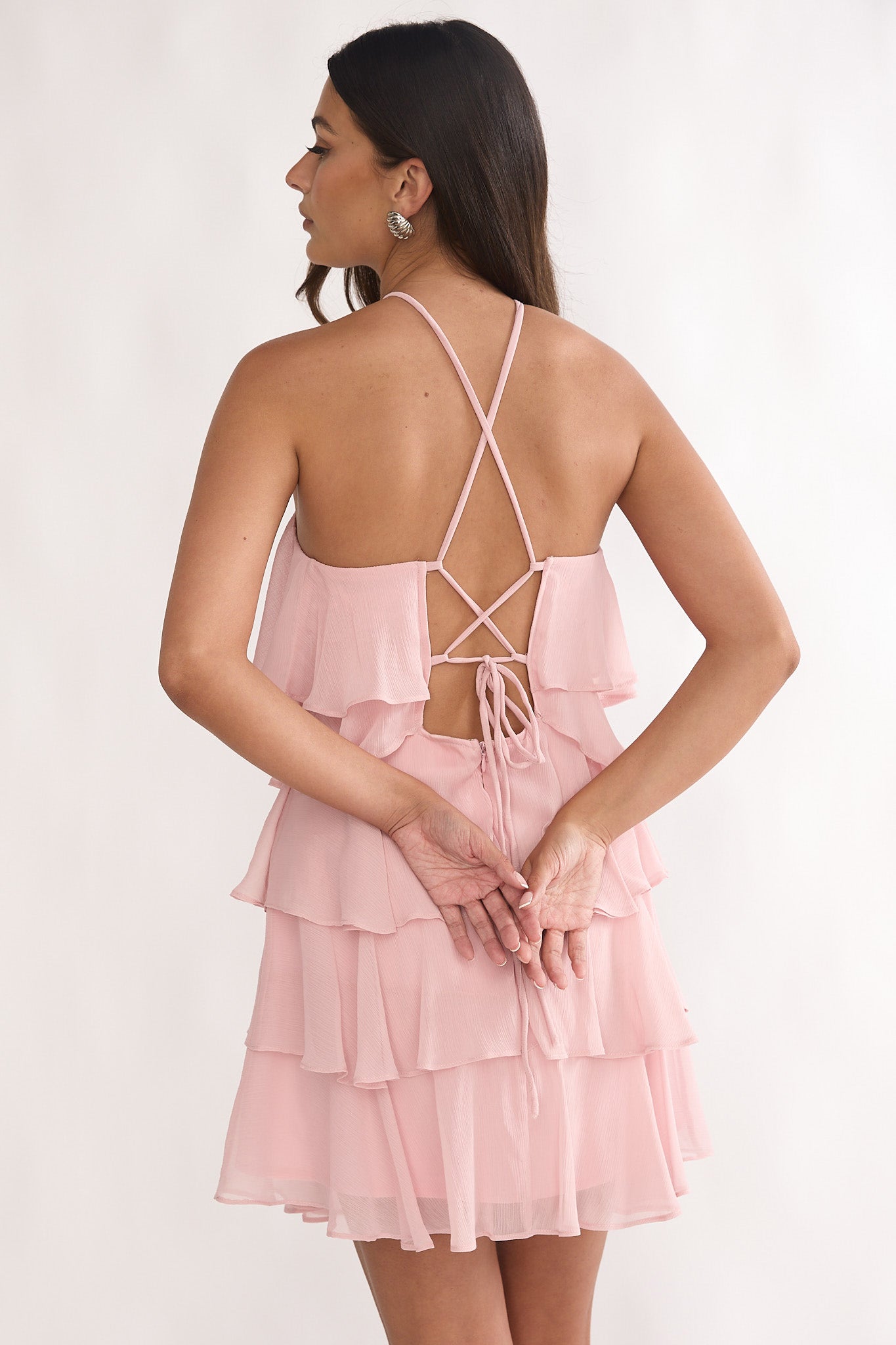 Darylyn Tiered Ruffle Mini Dress Pink by Selfie Leslie Australia