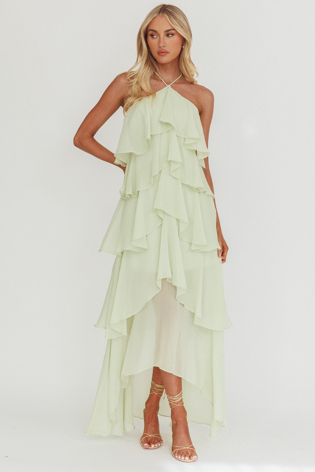 Darylyn Tiered Ruffle Maxi Dress Sage by Selfie Leslie Australia