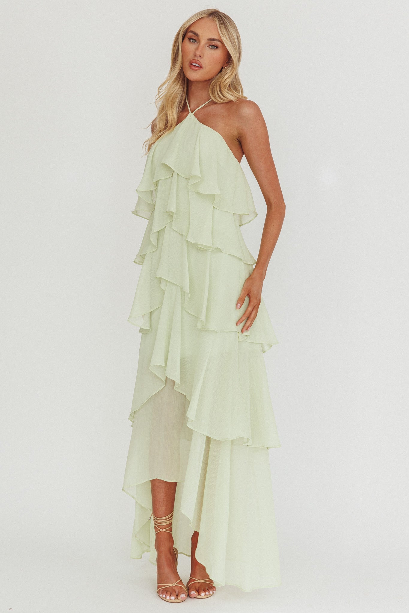 Darylyn Tiered Ruffle Maxi Dress Sage by Selfie Leslie Australia