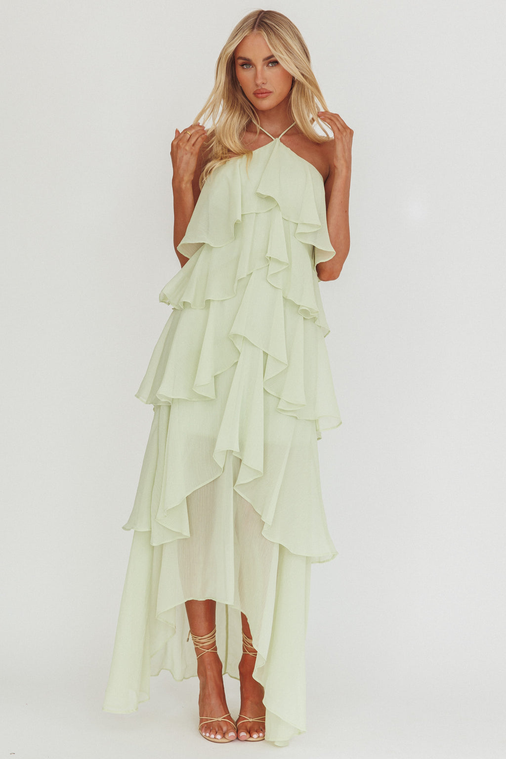Darylyn Tiered Ruffle Maxi Dress Sage by Selfie Leslie Australia
