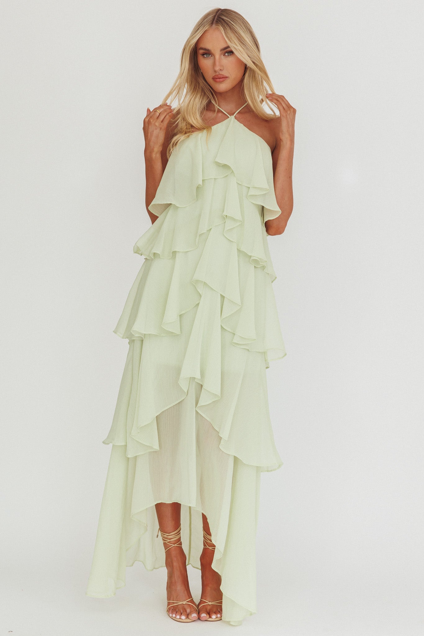 Darylyn Tiered Ruffle Maxi Dress Sage by Selfie Leslie Australia