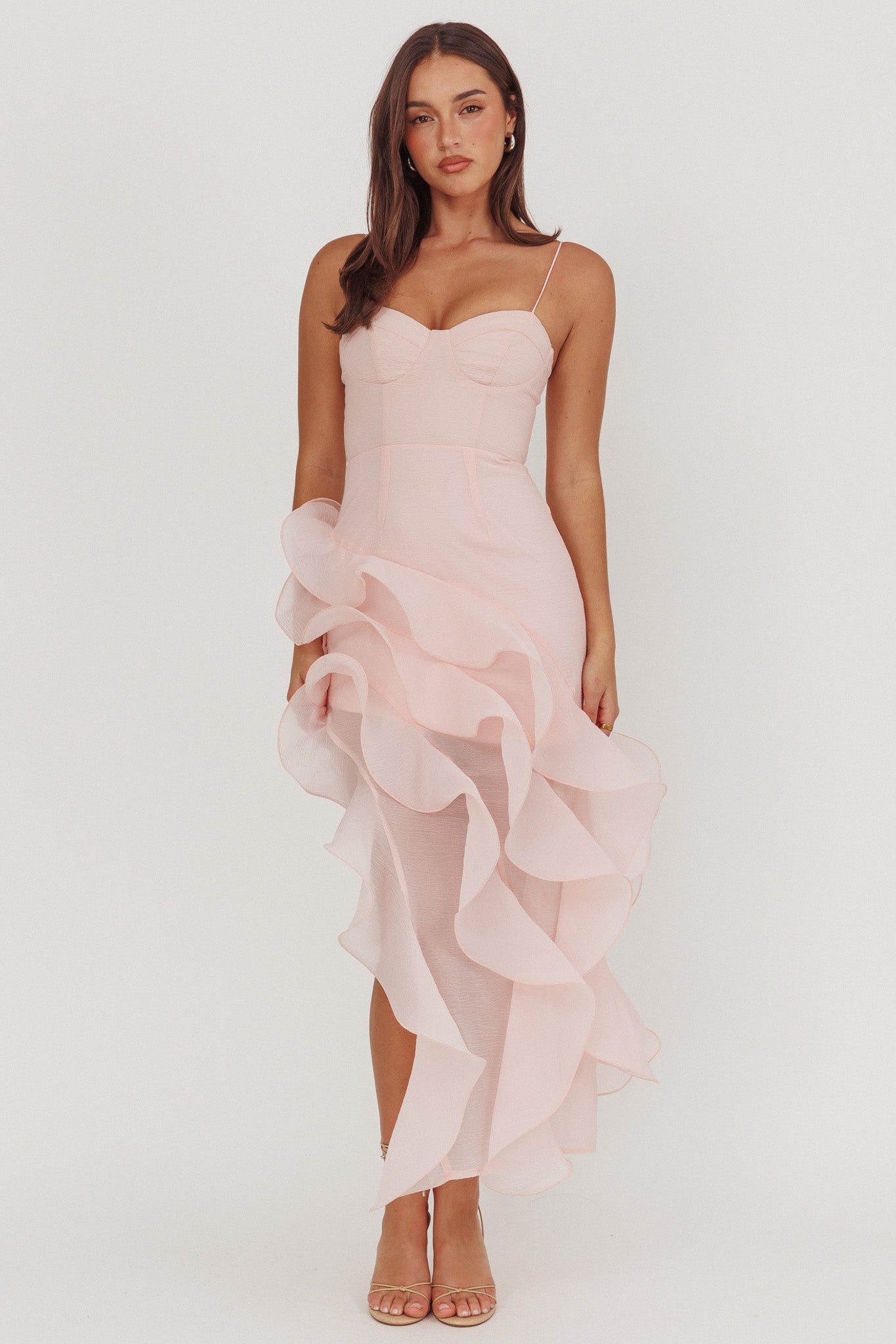 Charmayne Asymmetric Ruffle Trim Maxi Dress Pink by Selfie Leslie Australia