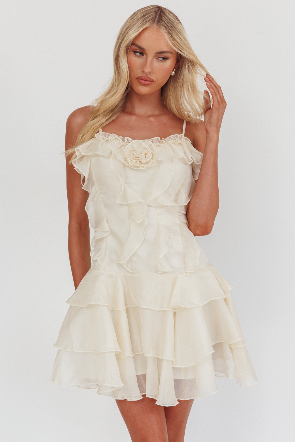 Sweetest Things Frill Trim Rosette Mini Dress Cream by Selfie Leslie Australia