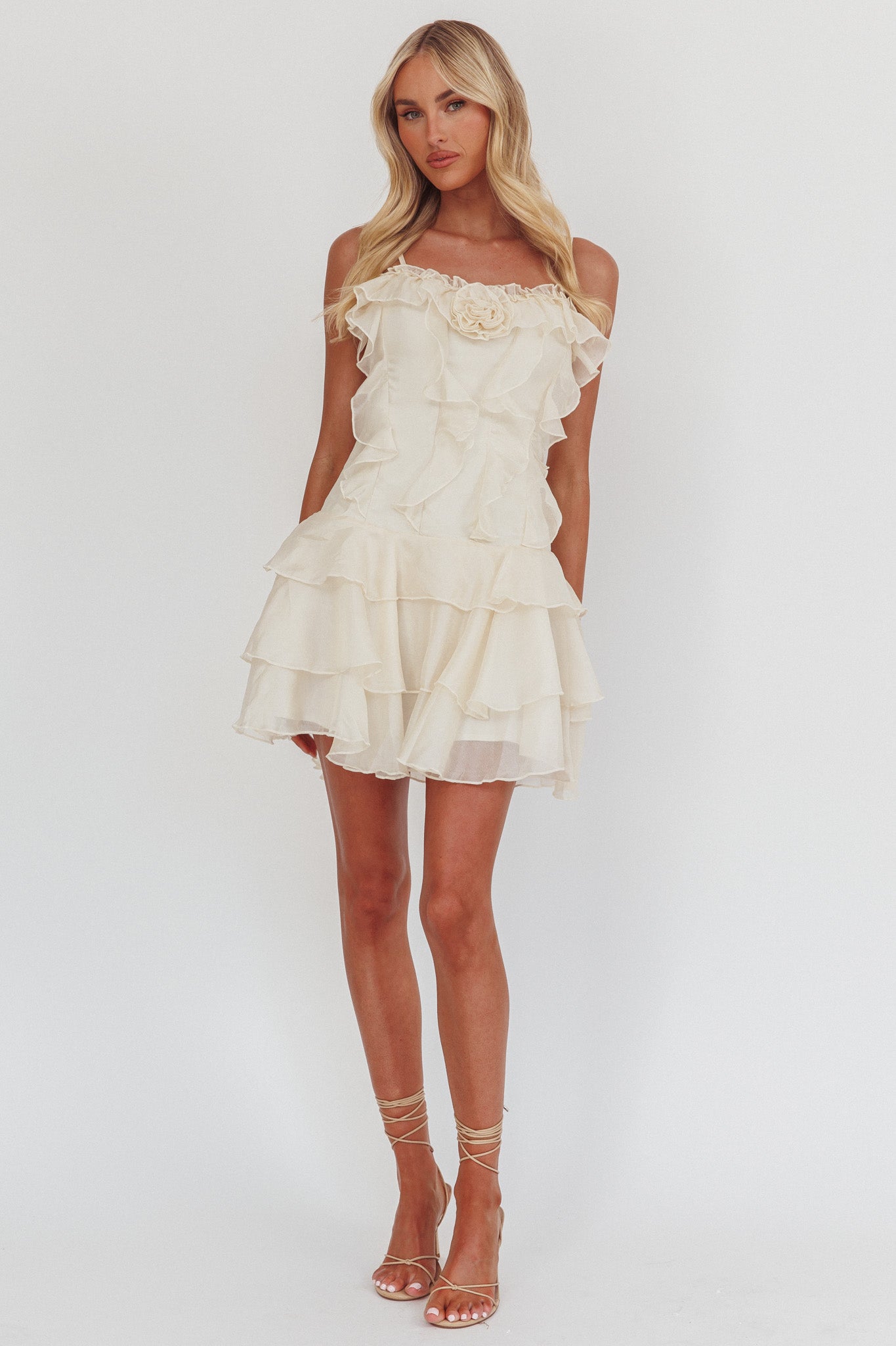 Sweetest Things Frill Trim Rosette Mini Dress Cream by Selfie Leslie Australia