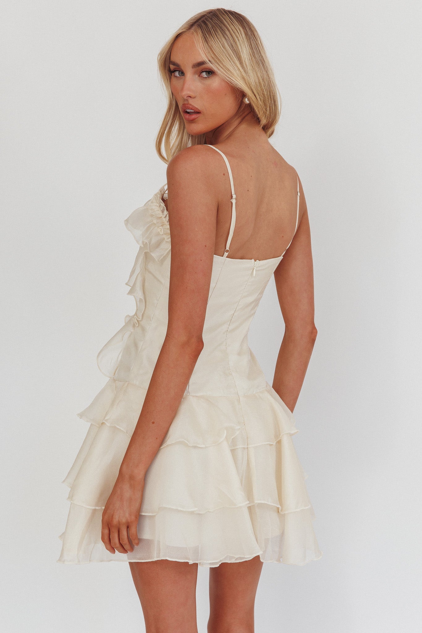 Sweetest Things Frill Trim Rosette Mini Dress Cream by Selfie Leslie Australia
