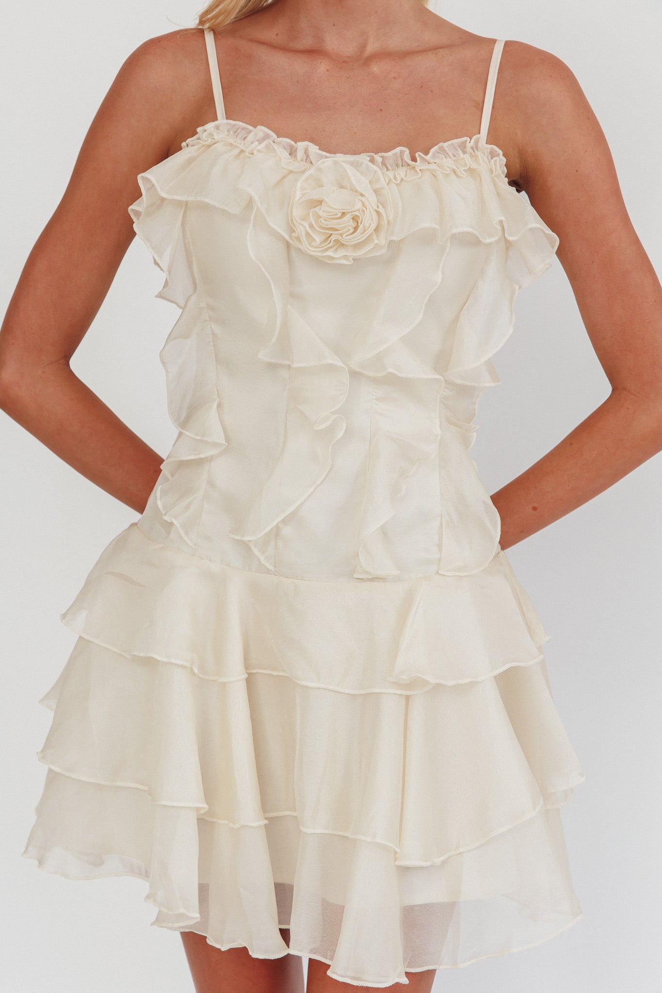 Sweetest Things Frill Trim Rosette Mini Dress Cream by Selfie Leslie Australia