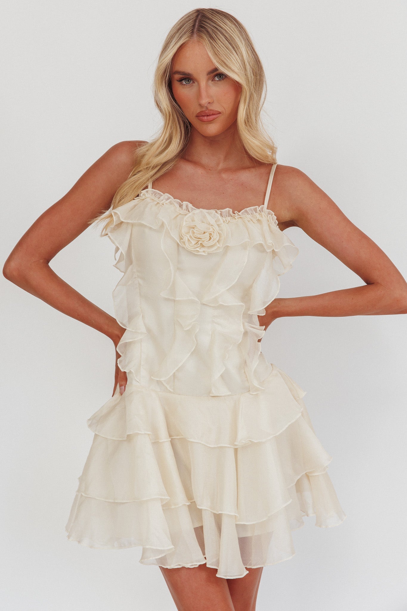 Sweetest Things Frill Trim Rosette Mini Dress Cream by Selfie Leslie Australia