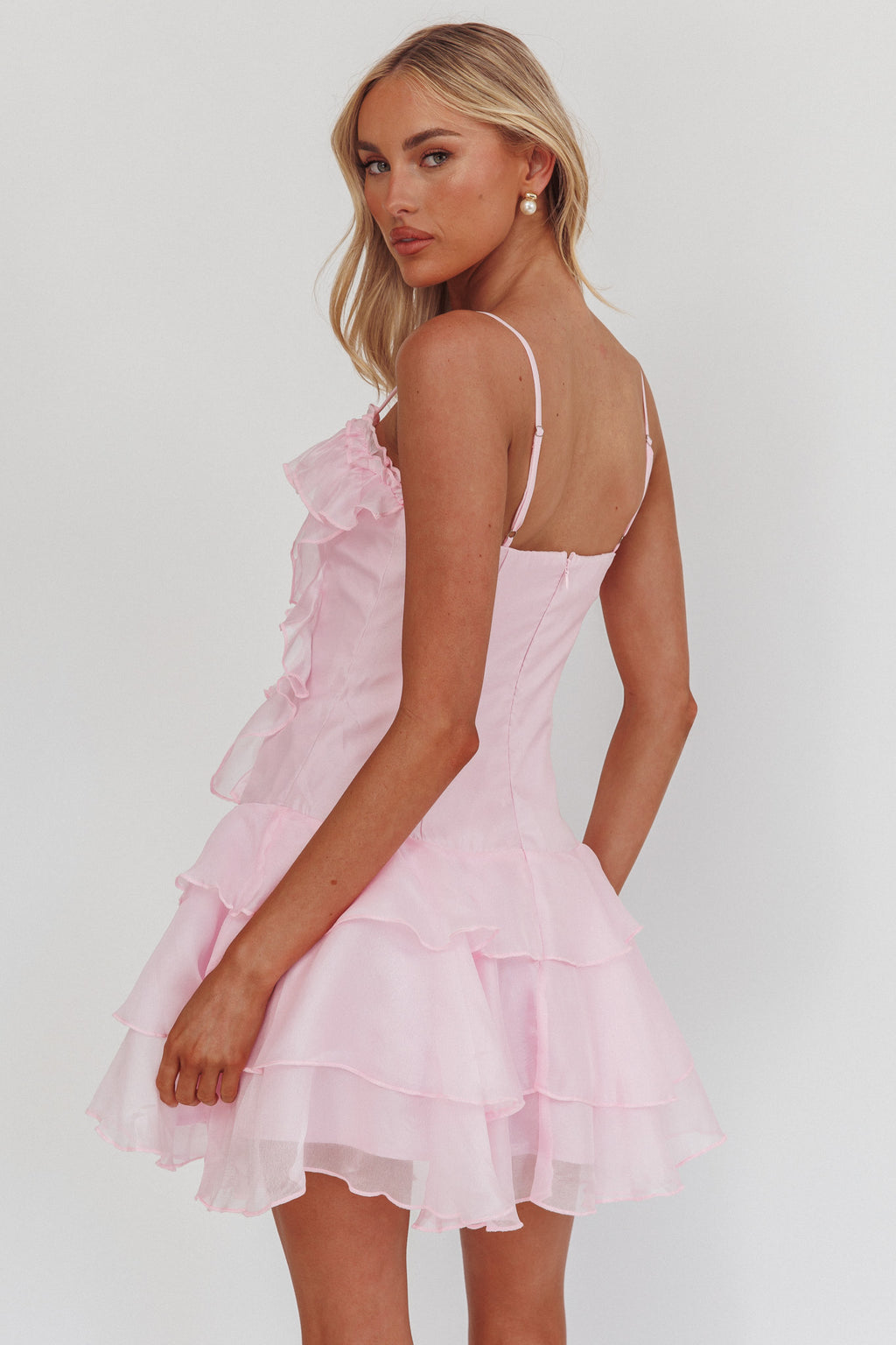 Sweetest Things Frill Trim Rosette Mini Dress Pink by Selfie Leslie Australia