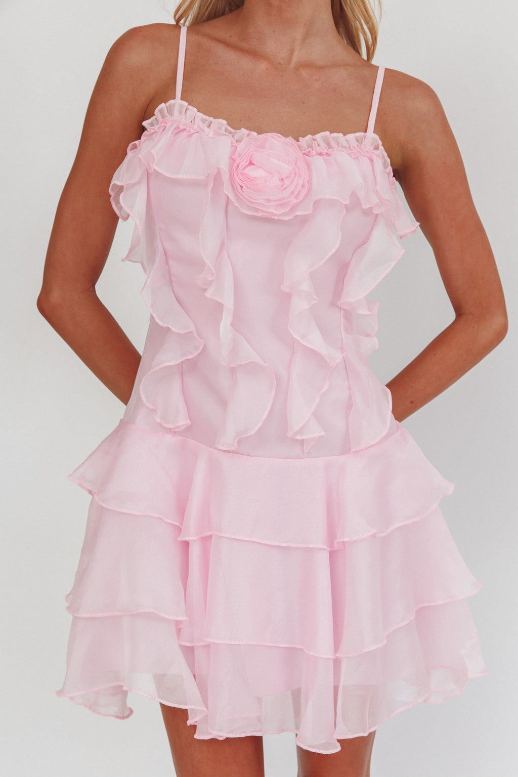 Sweetest Things Frill Trim Rosette Mini Dress Pink by Selfie Leslie Australia
