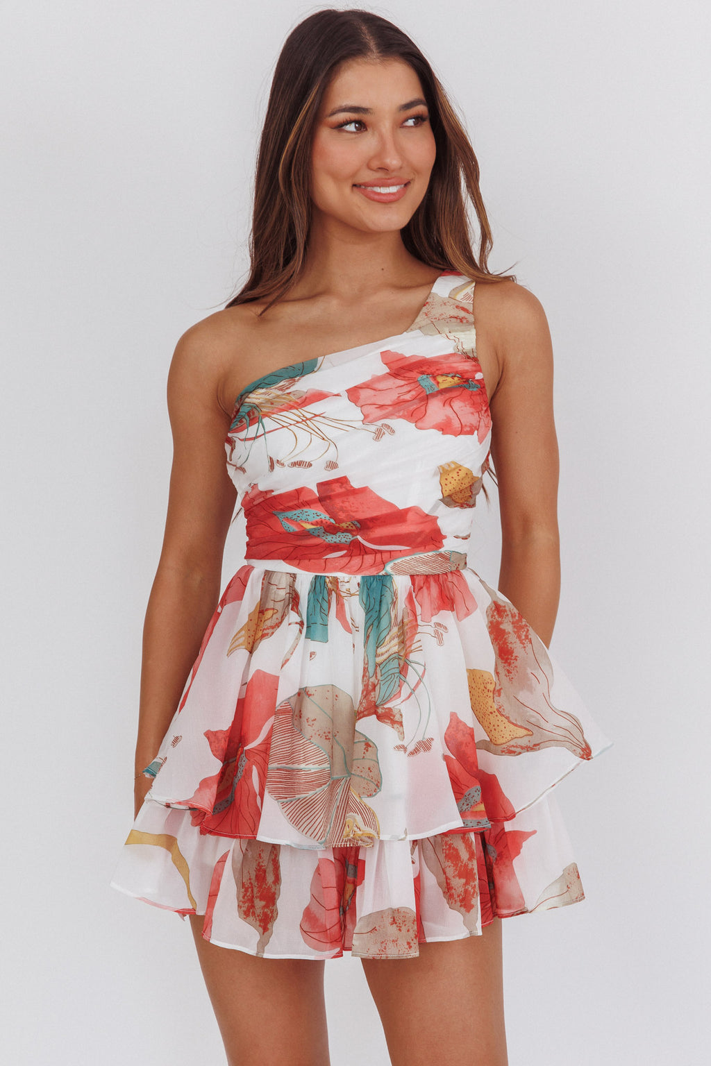Raelene One-Shoulder Ruffle Romper Floral Red by Selfie Leslie Australia