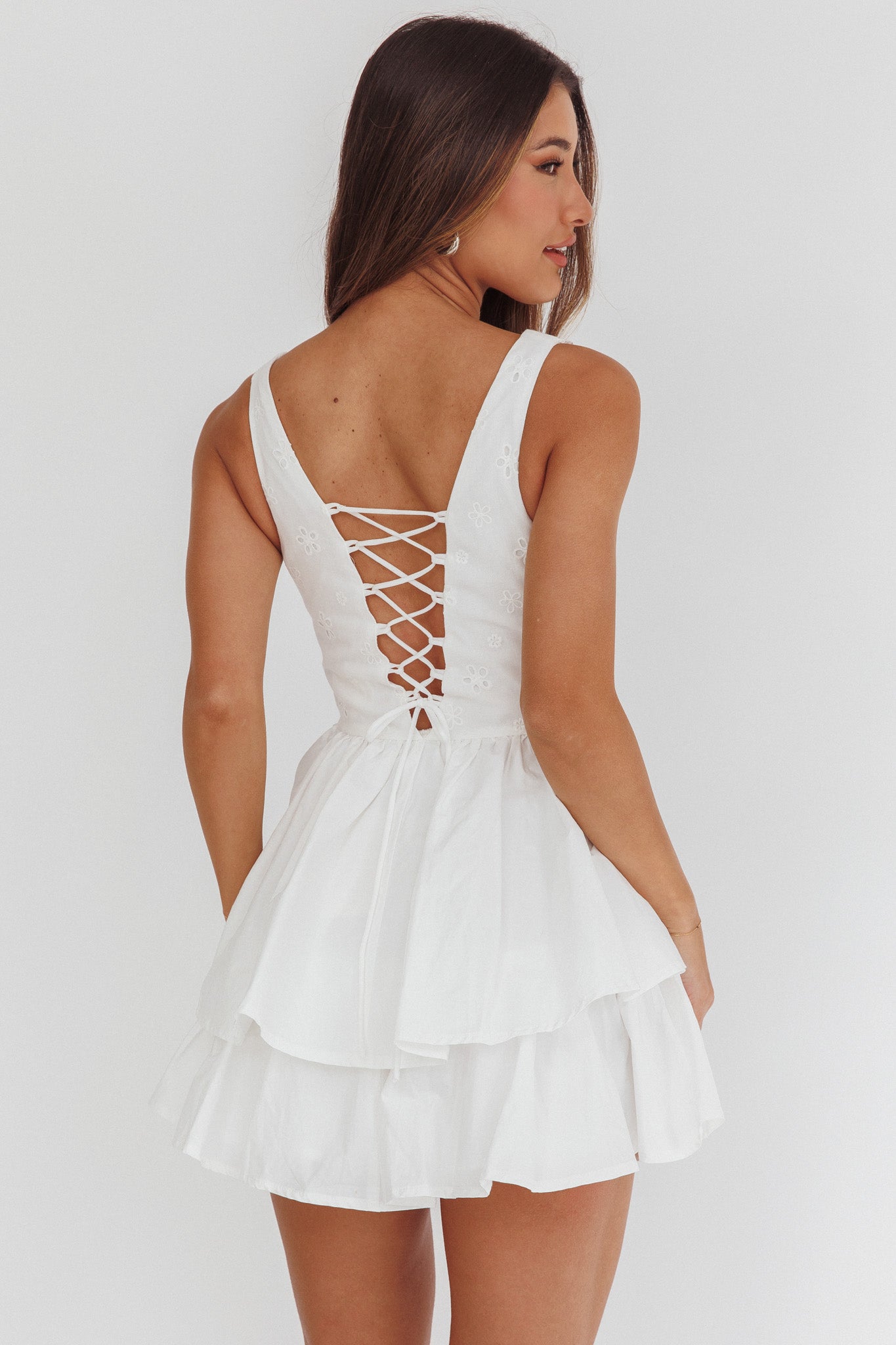Corella Tied Bust Layered Hem Mini Dress White by Selfie Leslie Australia