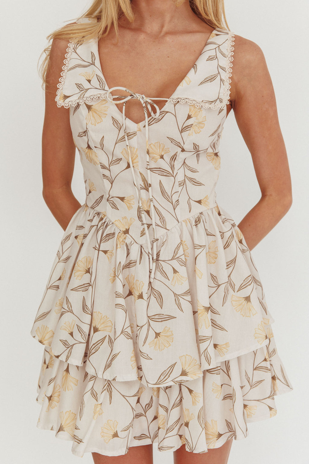 Corella Tied Bust Layered Hem Mini Dress Floral Butter by Selfie Leslie Australia