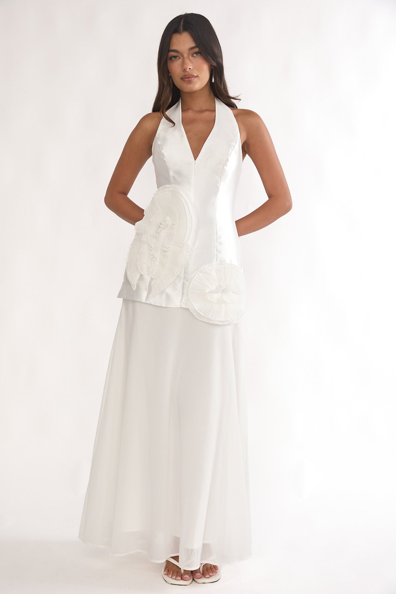 Elyria 3D Ruffle Halter Maxi Dress White by Selfie Leslie Australia