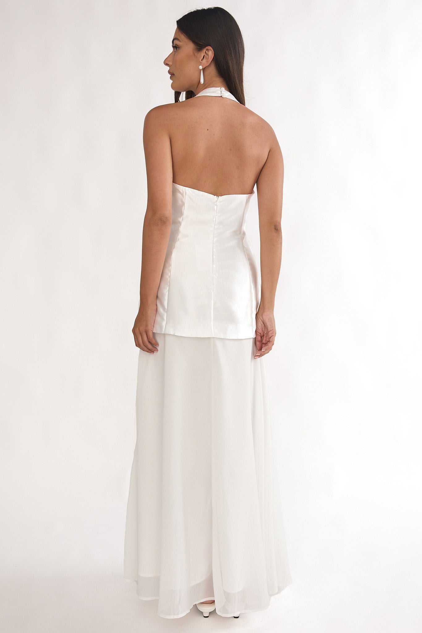 Elyria 3D Ruffle Halter Maxi Dress White by Selfie Leslie Australia