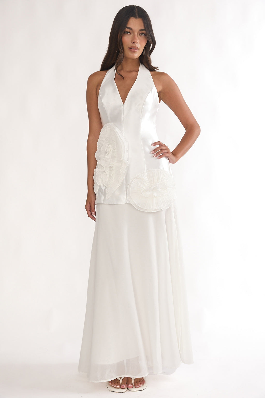 Elyria 3D Ruffle Halter Maxi Dress White by Selfie Leslie Australia