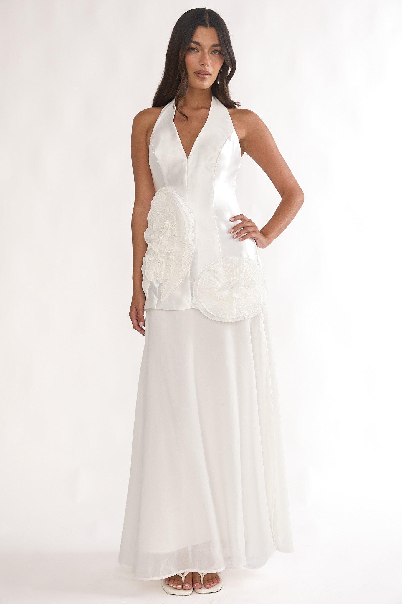 Elyria 3D Ruffle Halter Maxi Dress White by Selfie Leslie Australia