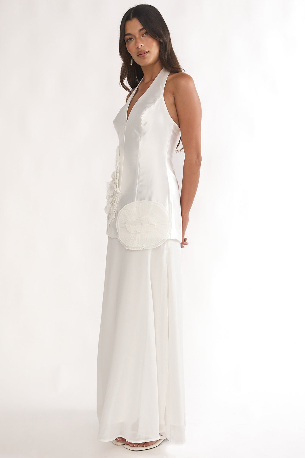 Elyria 3D Ruffle Halter Maxi Dress White by Selfie Leslie Australia