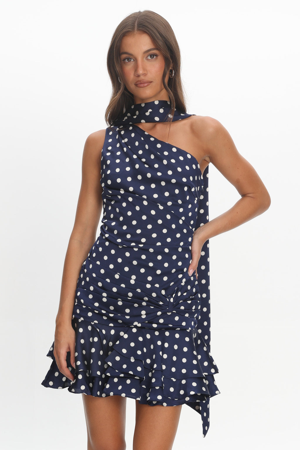 Truett One-Shoulder Sash Mini Dress Polka Dot Navy by Selfie Leslie Australia