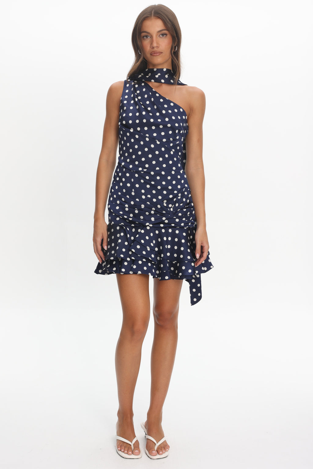 Truett One-Shoulder Sash Mini Dress Polka Dot Navy by Selfie Leslie Australia