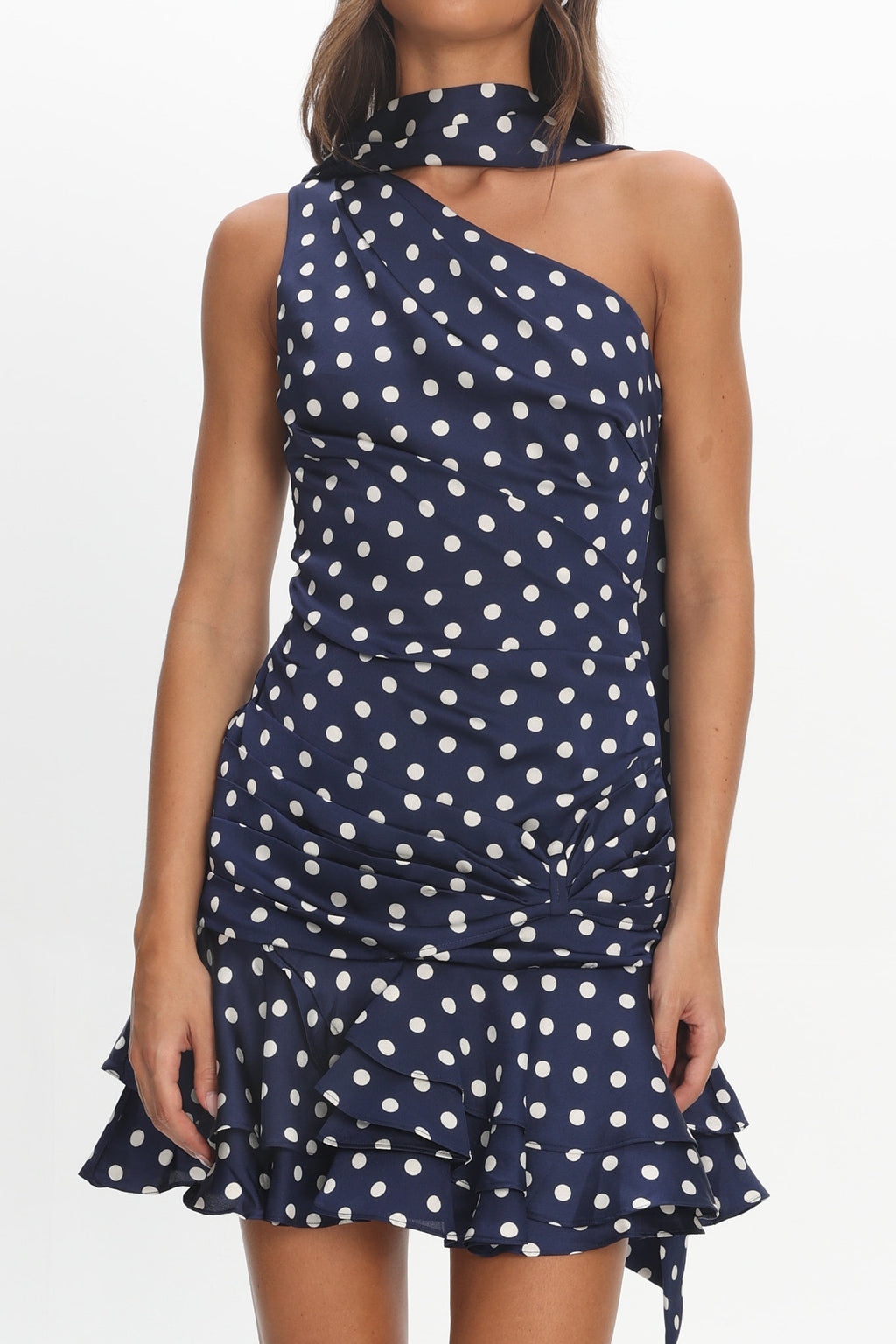 Truett One-Shoulder Sash Mini Dress Polka Dot Navy by Selfie Leslie Australia