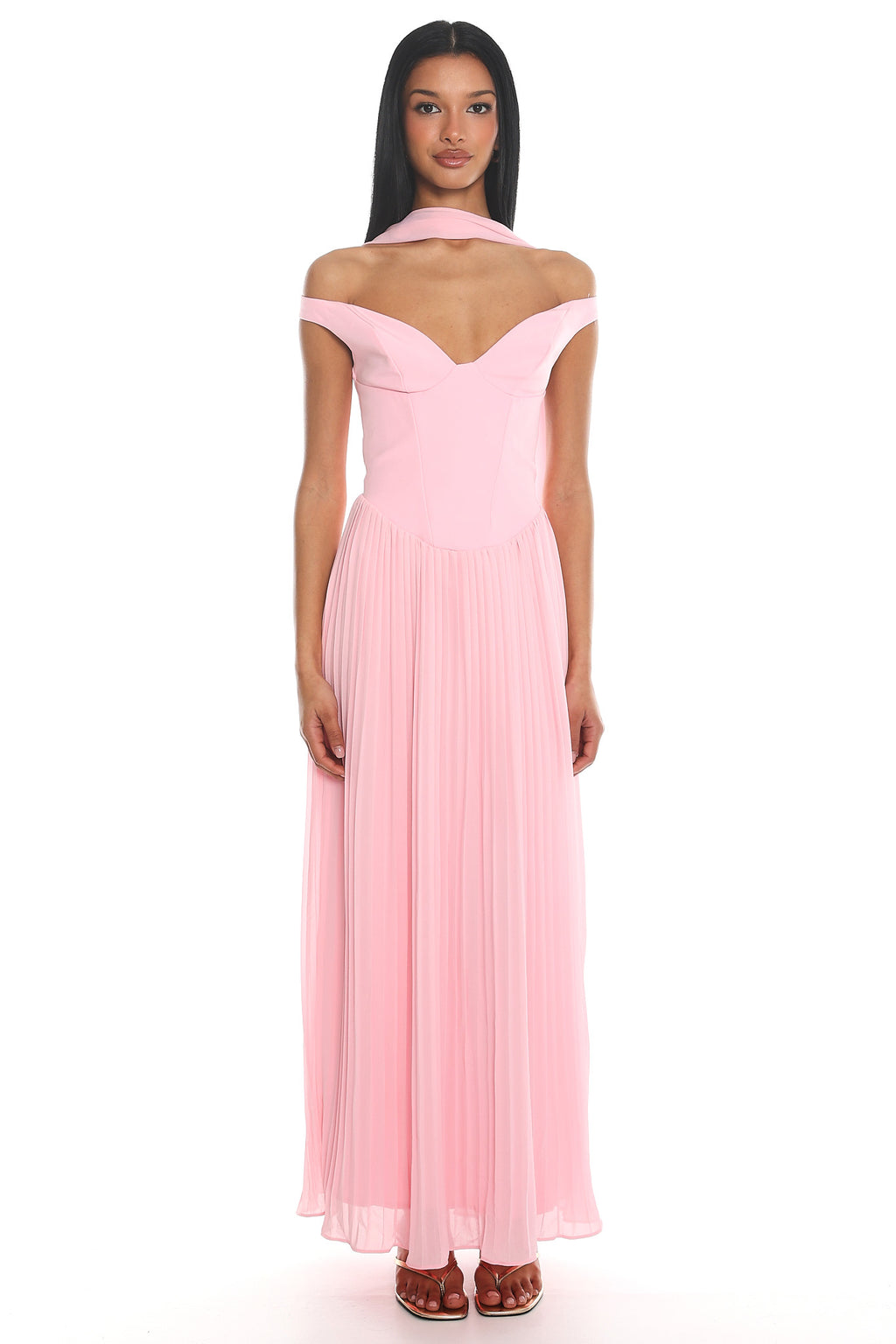 Quinnae Off-Shoulder Accordion Pleat Maxi Dress Pink by Selfie Leslie Australia