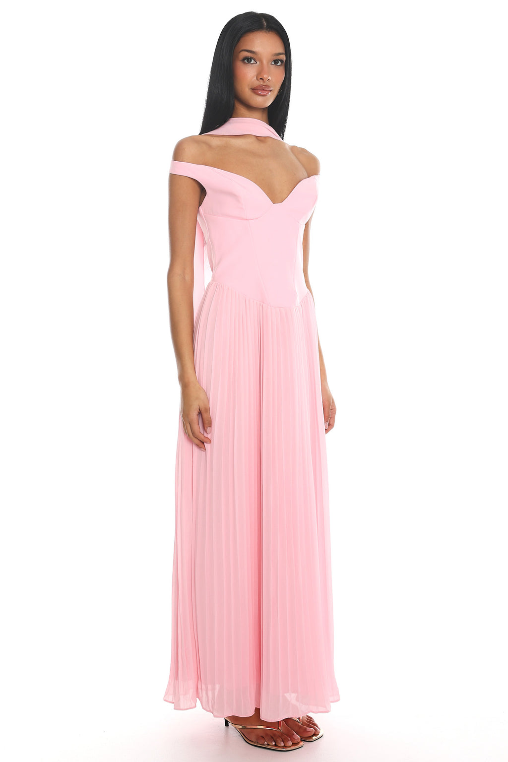 Quinnae Off-Shoulder Accordion Pleat Maxi Dress Pink by Selfie Leslie Australia